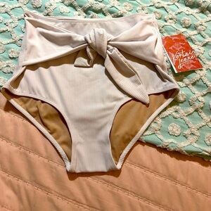 KORTNI JEANE High-Waisted Tie-Front Ribbed Swim Bottoms WHITE - Sz S NWT